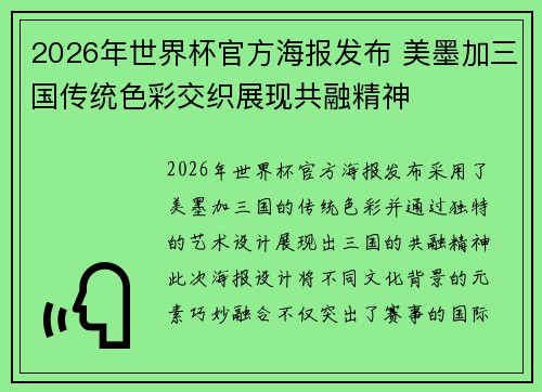 2026年世界杯官方海报发布 美墨加三国传统色彩交织展现共融精神 2026年世界杯官方海报发布 美墨加三国传统色彩交织展现共融精神