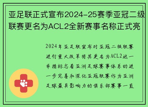 亚足联正式宣布2024-25赛季亚冠二级联赛更名为ACL2全新赛事名称正式亮相 亚足联正式宣布2024-25赛季亚冠二级联赛更名为ACL2全新赛事名称正式亮相